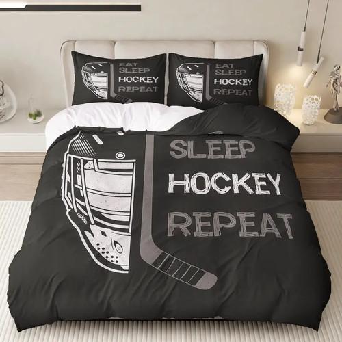 

Ice Hockey Slogan Bedding Set, Black and White Sporty Duvet Cover and Pillowcases, Suitable for Single/double/large/king-size Beds. Baby 100x135cm