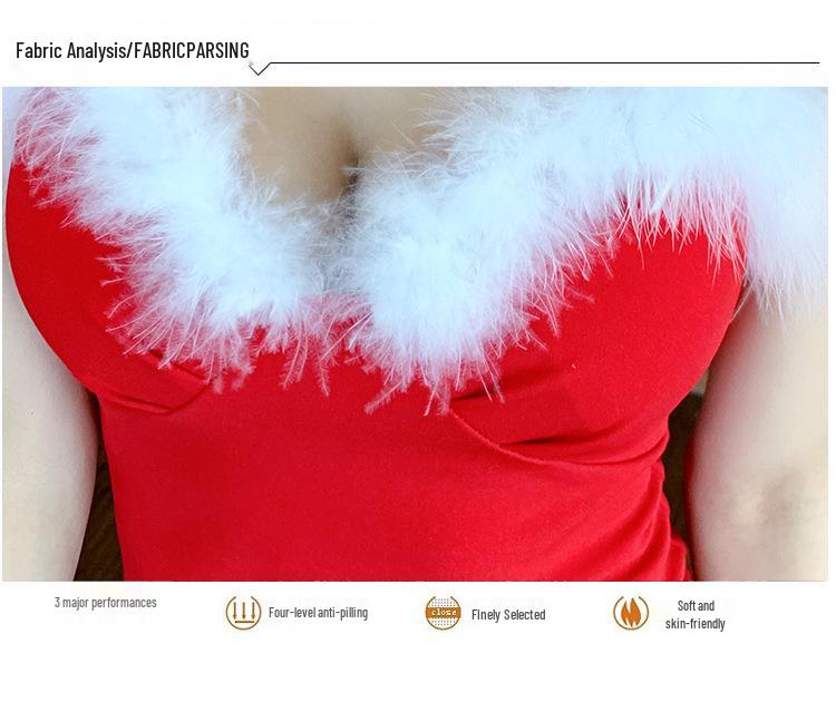 Christmas Low-Cut Sexy Fur Patchwork Camisole Bodycon Mini Dress - Hot Girl Slim Fit Short Skirt