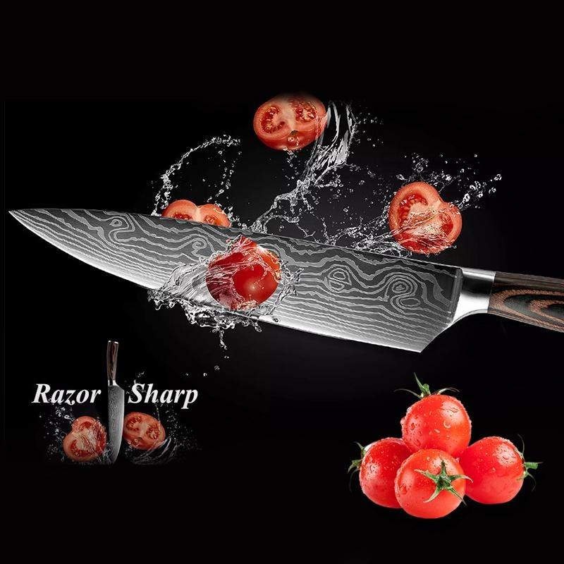5Pcs Damascus Chef Knife Wood Handle Damascus Kitchen Knife Santoku Slicing Chef Paring Utility