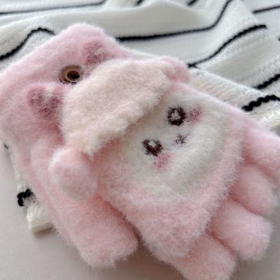 Children's Flip Knitted Gloves for Women Autumn and Winter Half Fingered Cute Curly Plush Warm Student Gloves