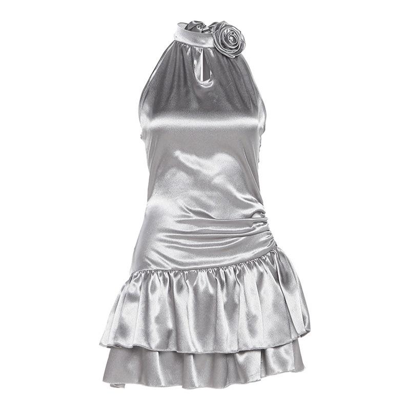 2026 European and American style summer new women's clothing solid color sexy sleeveless neck high waist ruffle edge dress