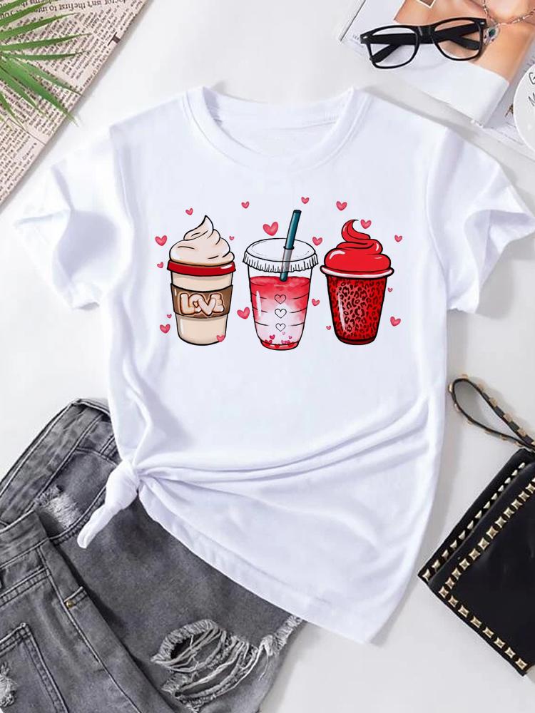 Women's T-shirt Korean Fashion Graphic Cup Print Women's Clothing T-shirts for Valentine's for Lovers Aesthetic Clothes Casual
