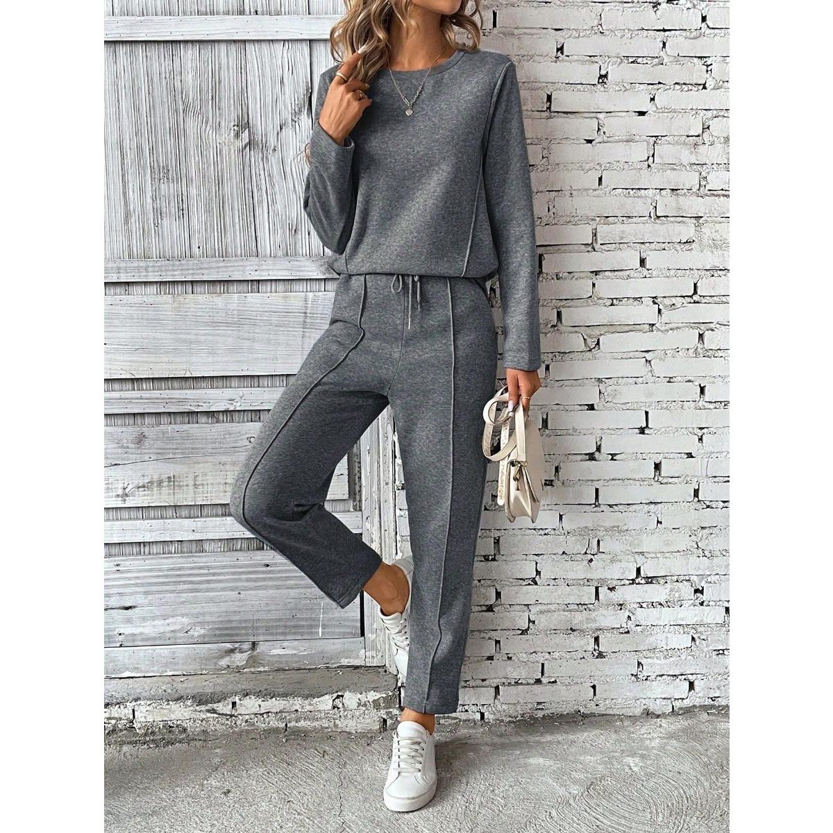 

Женский повседневный модный однотонный брючный костюм на кулиске - Длинный рукав, круглый вырез, полиэстер, для ношения весной/осенью, повседневная одежда|Круглый вырез XL темно-серого