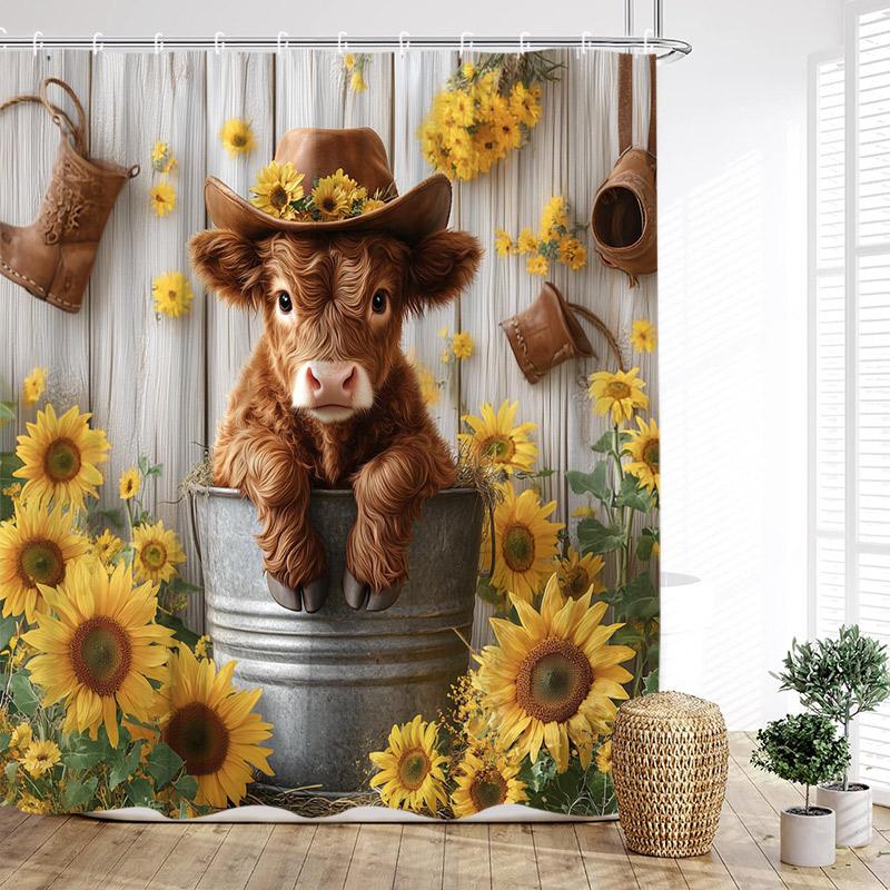 Brown Highland Cattle Shower Curtain Funny Farm Animals Sunset Rustic Flowers Scenery Fabric Bathroom Curtains Decor With Hooks