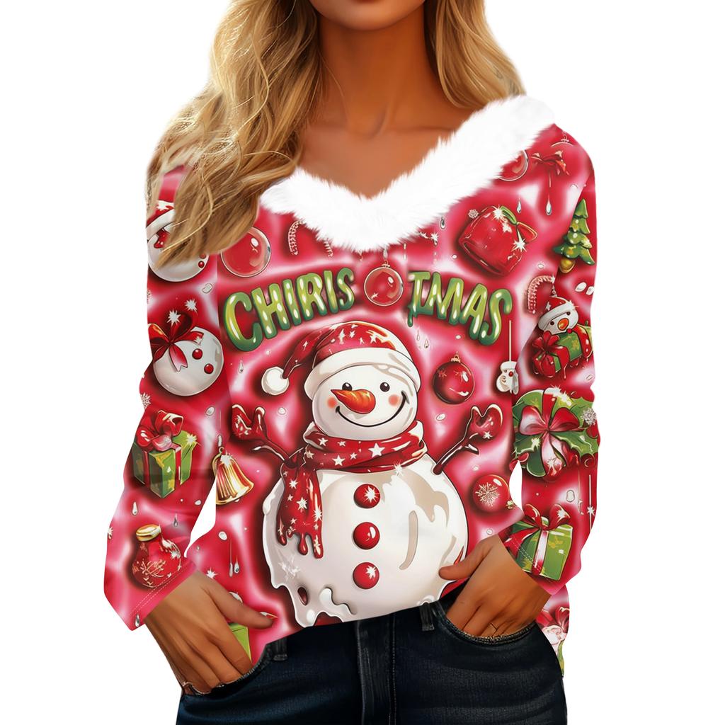 Women's Christmas Printed Long Sleeved Party Plush Neck V-neck Top