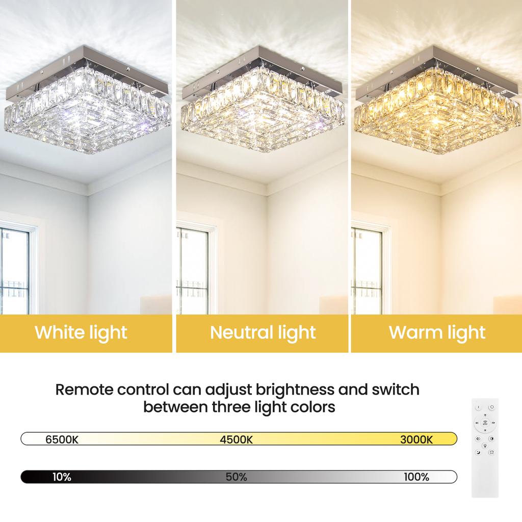 Modern Square Crystal Chandelier LED Small Chandeliers Flush Mount Ceiling Light Fixtures for Bedroom Hallway Foyer 6000K