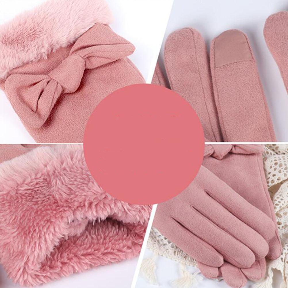 Woman Winter Gloves Windproof Gloves Hand Wear Lovely Bowknot Thick Warm Wind Proof Suede Fabric Telefingers Gloves