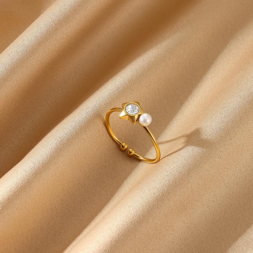 Mini Gold Color Opening Rings Cute Women Zirconia Imitation Pearl Anillos Flower Stainless Steel Ring Romantic Proposal Jewelry