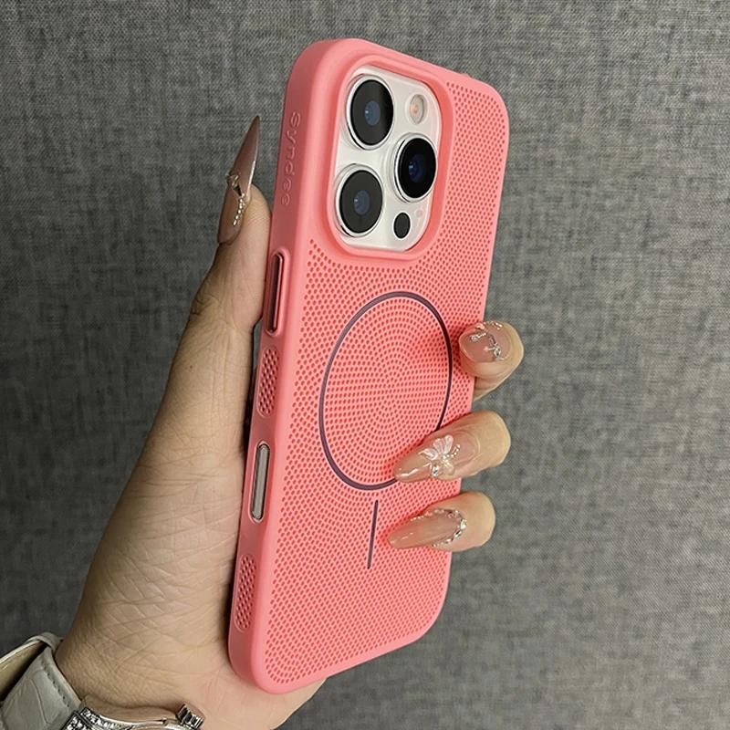 Luxury Mesh Hole Heat Dissipation Case for iPhone16 15 14 Plus 13 12 11 16Pro Max For Magsafe Wireless Charge Hard PC Thin Cover
