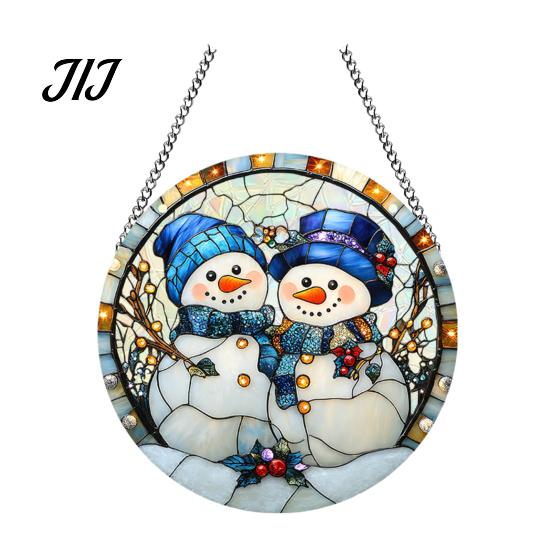Lightweight Christmas Wall Ornaments 2D Acrylic Hanging Ornaments, Stained Glass Style Snowman Santa Snowflake Holiday Window Decorations for