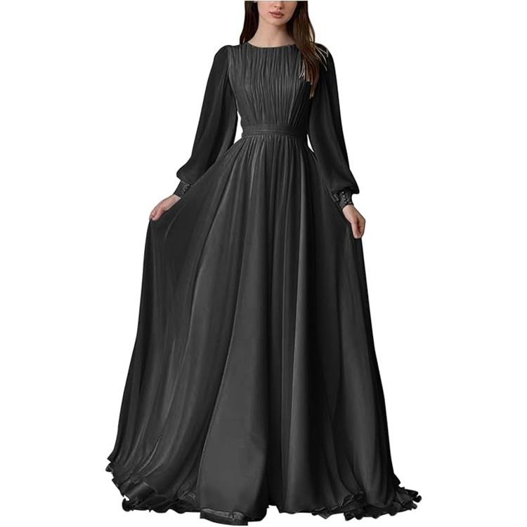Women White Long Sleeve Pleated Waist Flowy Floor Length Maxi Dress