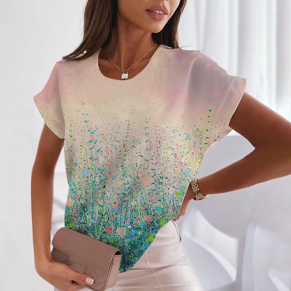 Women's 3D Floral Printed T-shirt, Round Neck Casual Short Sleeved Top, Comfortable Top, Girls' Beautiful Shirt, Women's Loose Summer Clothing