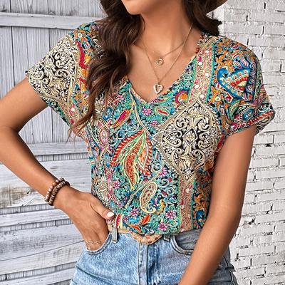 Bohemian Summer Print Retro Women Blouse Casual Tops Elegant Beach Short Sleeve Loose Shirts for Women Fashion Holiday Female Blouses 24482