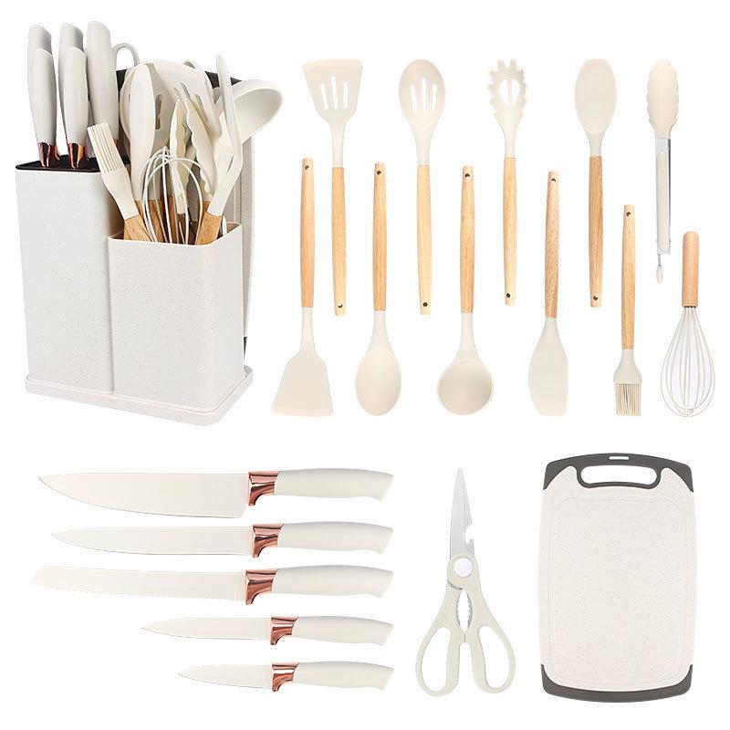 Silicone Kitchenware 19-Piece Set: Non-Stick Pan, Spatula, Soup Spoon, Knife Set with Storage Bucket