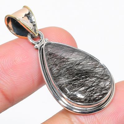 Natural Black Rutile Gemstone 925 Solid Sterling Silver Gift Pendant 1.50" C9d67