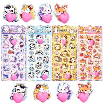 SztukaNana Finish X Double Stickers Soothing Animal Aurora Cute Decorative Stress Squeeze Stickers Set Animal Glossy Heart 3D 4-Piece Set, Puffy,