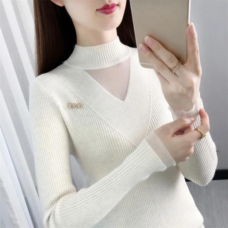 Svetr s výstřihem do V Dámský podzim a zima Krajka s vysokým límcem Pohodlné Teplé Vnitřní Ležérní Všestranný Elastický pulovr Pletené svetry