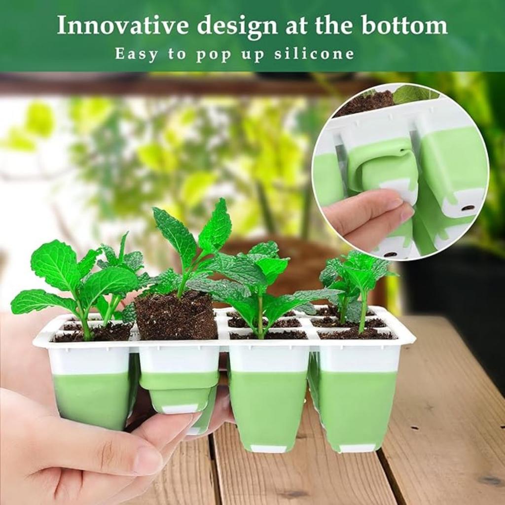 12 Cells Seed Starter Tray, Indoor Seed Starter Kit, Flexible Silicone Designed Seedling Starter Trays, Germination Tray with Humidity Dome & Lids
