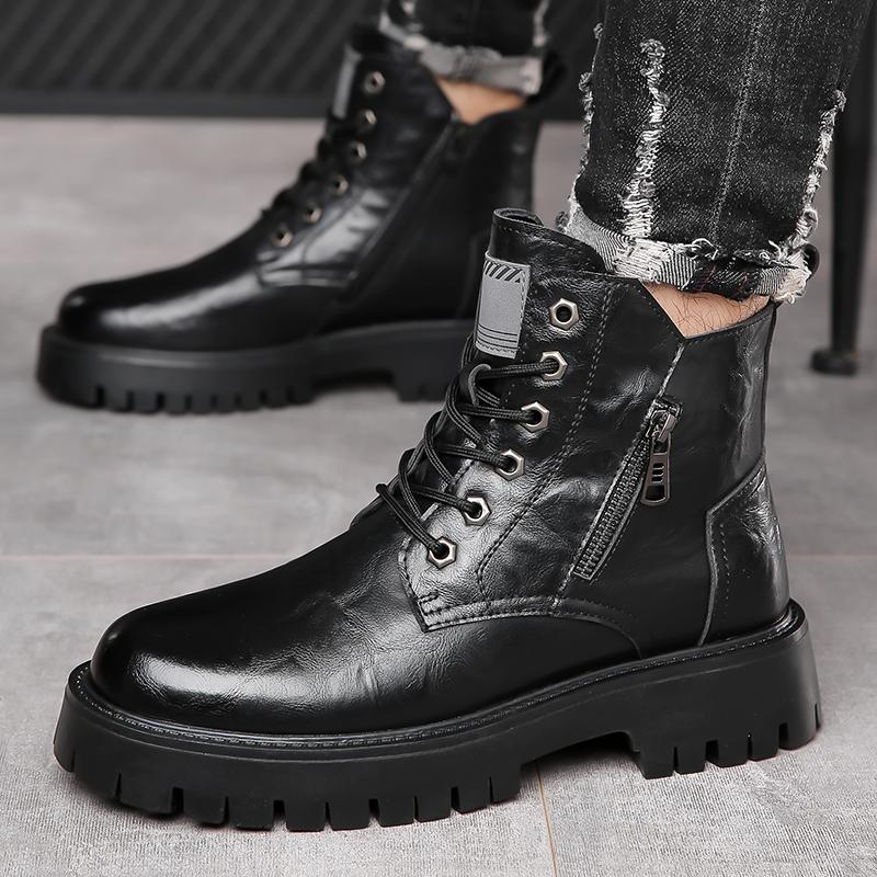 Fashion 2024 Luxury Brand Male Comfortable Motorcycle Boots Classic Men Winter Plush Snow Boots Thick Bottom Lace-Up High Top Male Shoes