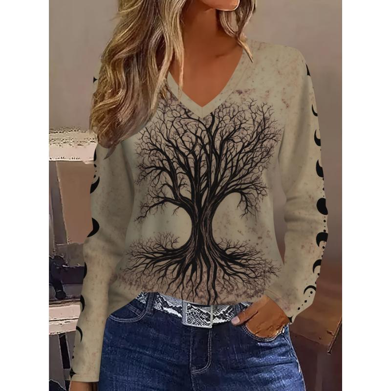Women's Elegant V-Neck Marble Print Long Sleeve T-Shirt Soft Polyester Great for Autumn and Winter Casual Wear Floral Print Tops