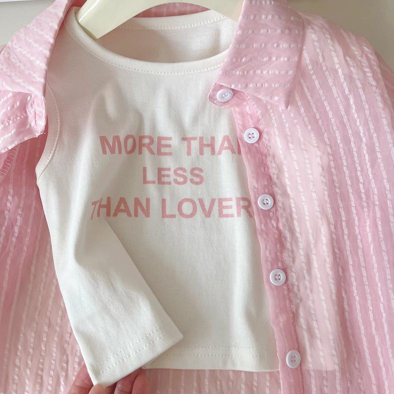 2025 Sommar Vertikalrandig Solskydd Flickors Tredelad Kostym: Långärmad topp, Shorts