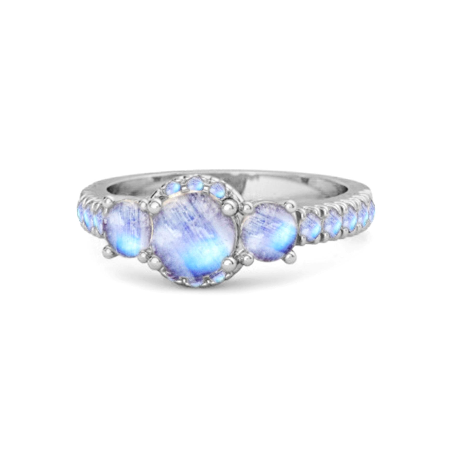 

Moonstone Three-Stone Halo Pave Band Ring -925 Sterling Silver 9