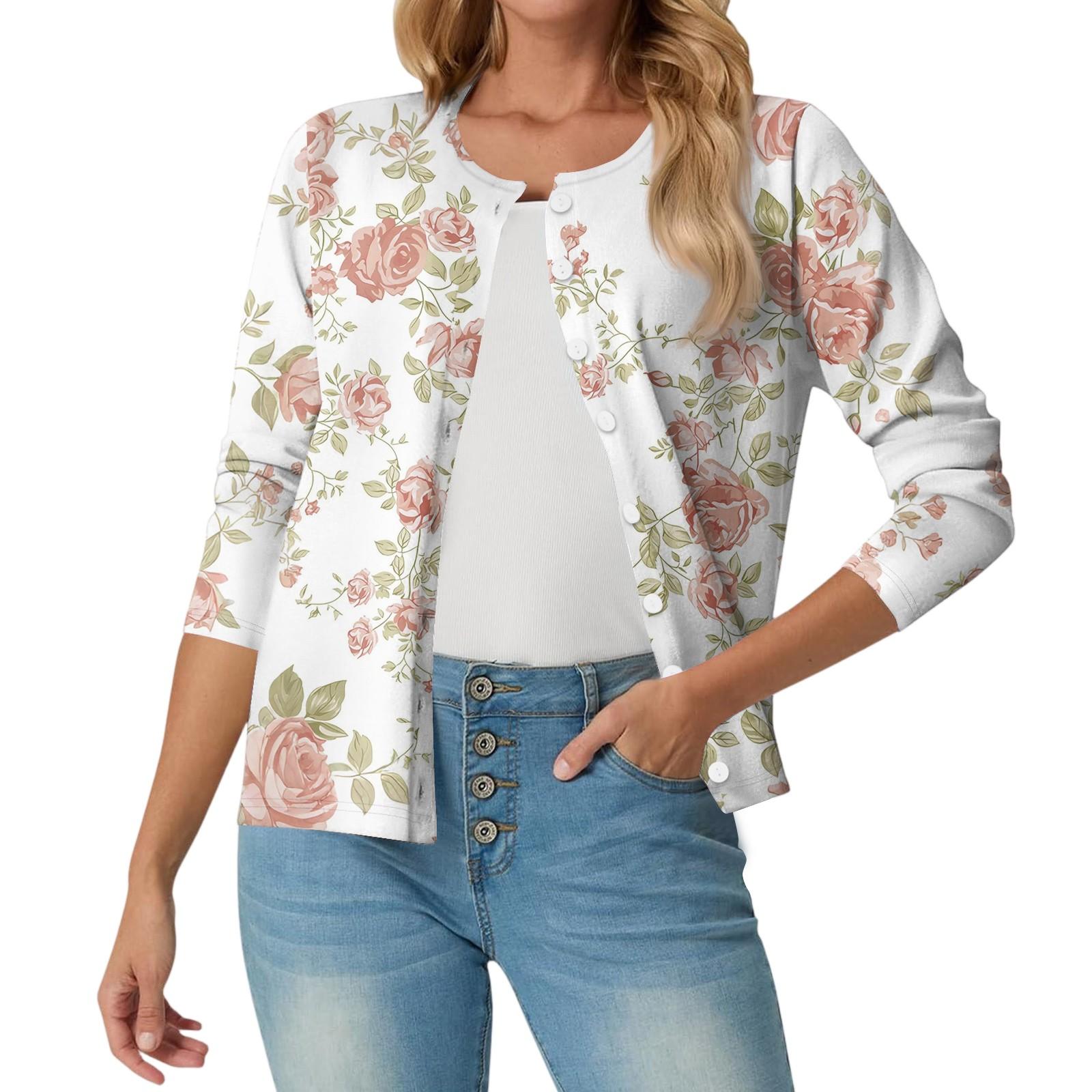 

Women Floral Print Cardigan Lightweight Open Front Long Sleeve Casual Outerwear Sweater for Everyday Wear L рожевий