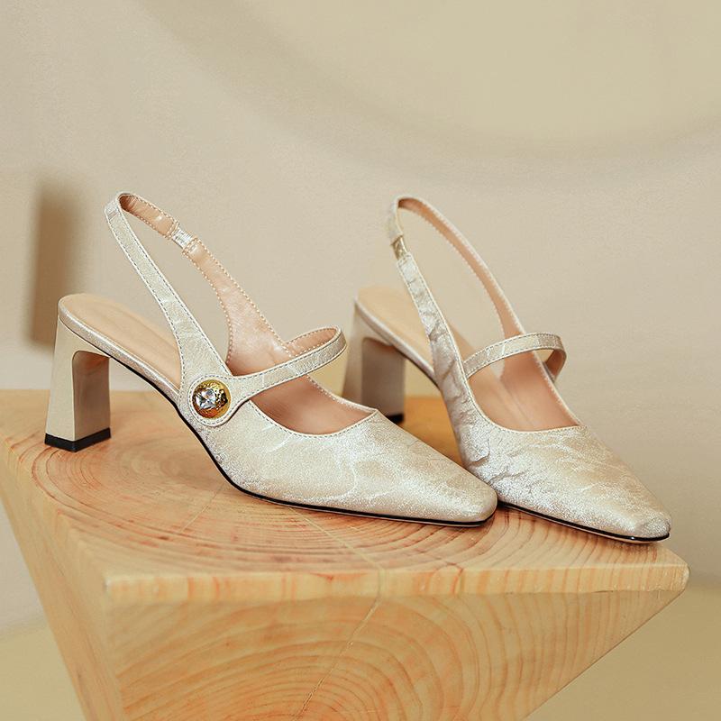 Baotou sandals women's summer high heels 2025 new French Mary Jane single shoes silver word with thick heels high heels