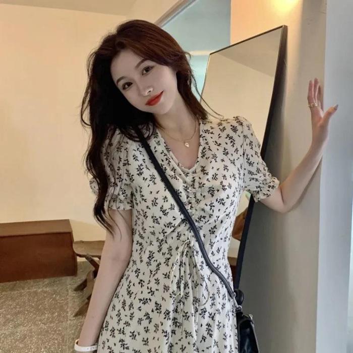 Summer new floral temperament skirt small medium and long short-sleeved French small fresh dress fairy S белый