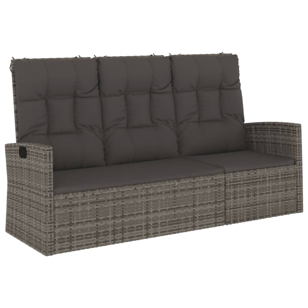 Garden Lounge Bench with Reclining Function & Cushions Gray 173 cm Poly Rattan