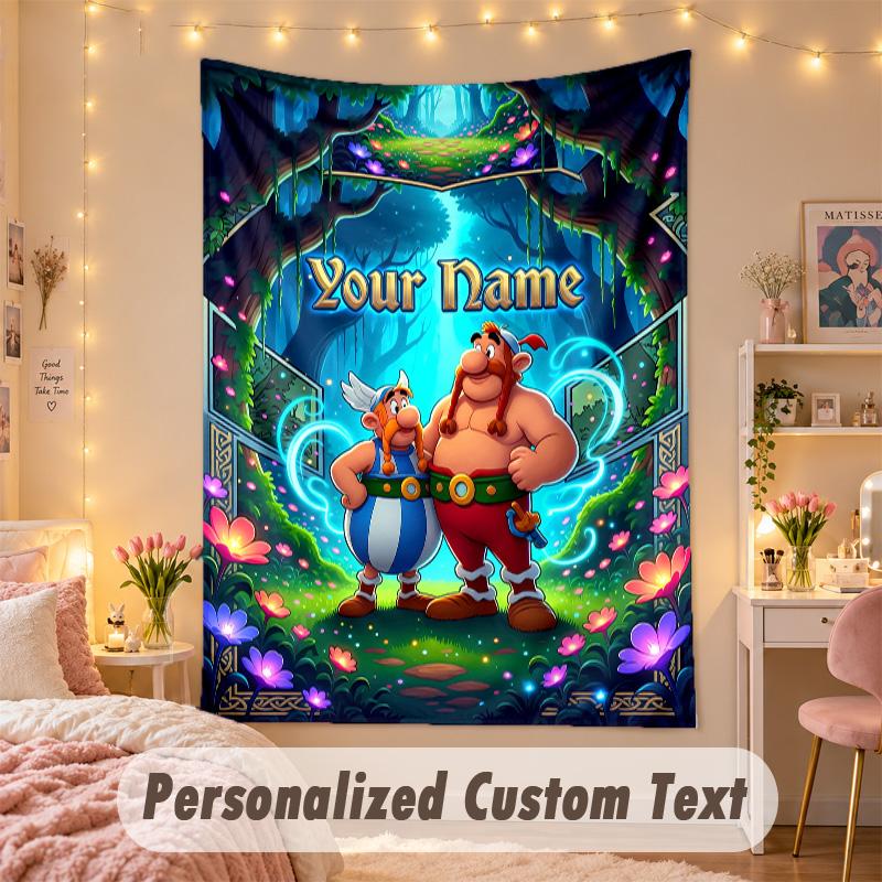 Custom Personalized Tapestry,Asterix & Obelix Print Custom Name Text Wall Art Hanging for Bedroom