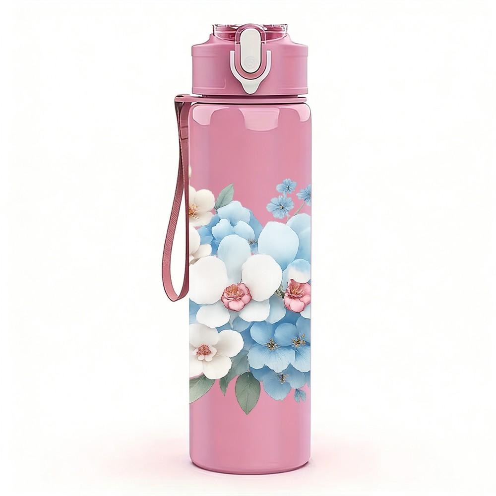 1PC Soft Blue Bouquet Flower 750ml Color Plastic Sports Water Bottle Leakproof Flip Straw Lid Suitable for Sports Office Home Use