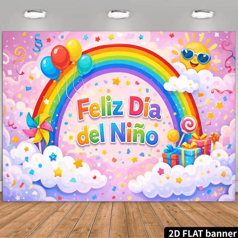 

2D Children s Day Backdrop, Pink Rainbow Feliz Día del Niño Photography Background 47.2x31.5inch/120*80cm