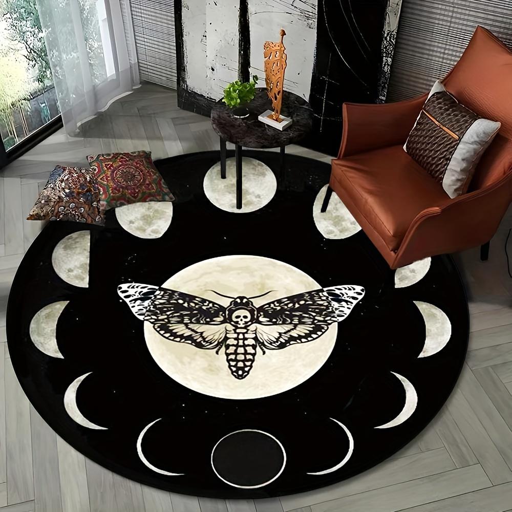 Crystal Velvet Carpet Crystal Velvet Gothic Bohemian Round Mat - 3D Horror Skull Moth & Moon Phase Design Black Mat with