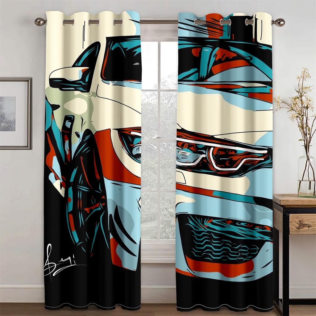 Mode Comic Graffiti Rennwagen Cool Jungen Kinder Männer 2 Stück Lichtfilter Vorhang für Wohnzimmer Schlafzimmer Fenster Drapierung Dekor