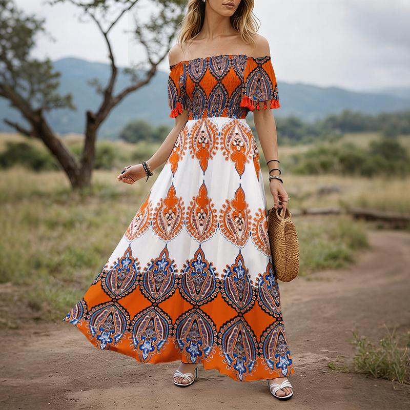 ZANZEA Women Casual Off Shoulder Short Sleeve Bohemian Print Long Dress