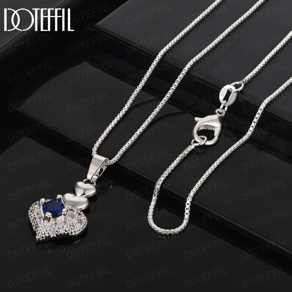 925 Sterling Silver Fashion Jewelry Heart-Shaped AAA Zircon Blue Pendant Wedding Necklace
