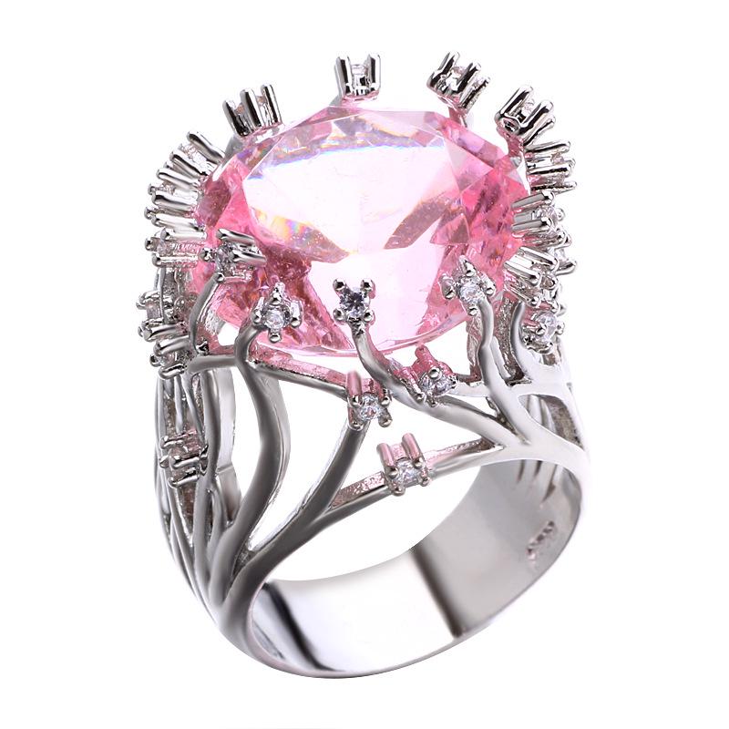 Exaggerated Pink Crystal and Diamond Branch-Shaped Ring for Women