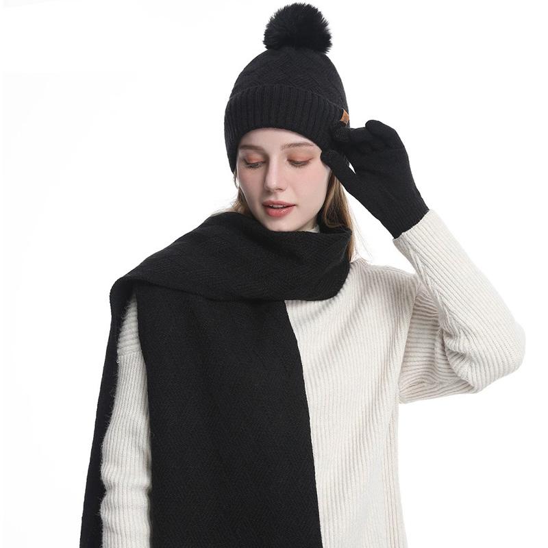 3pcs/set Hat Scarf For Women Gloves Set Outdoor Riding With Touch Screen Winter Pompom Hat Knit Beanie Fleece Lined