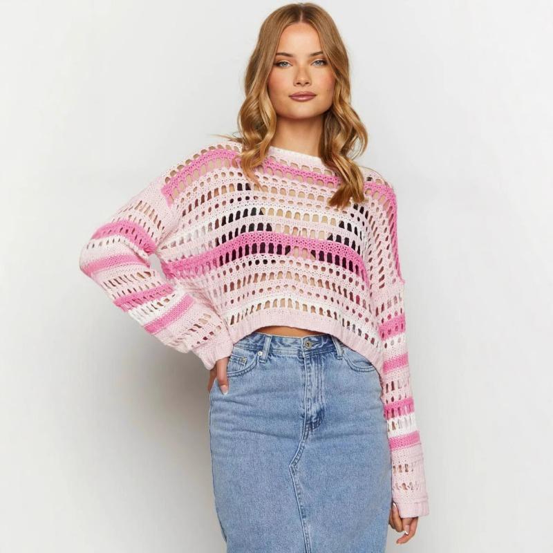 Übergröße Damen Sommer Neu Hohl Streifen Patchwork Sexy Bikini Strand Überwurf Top