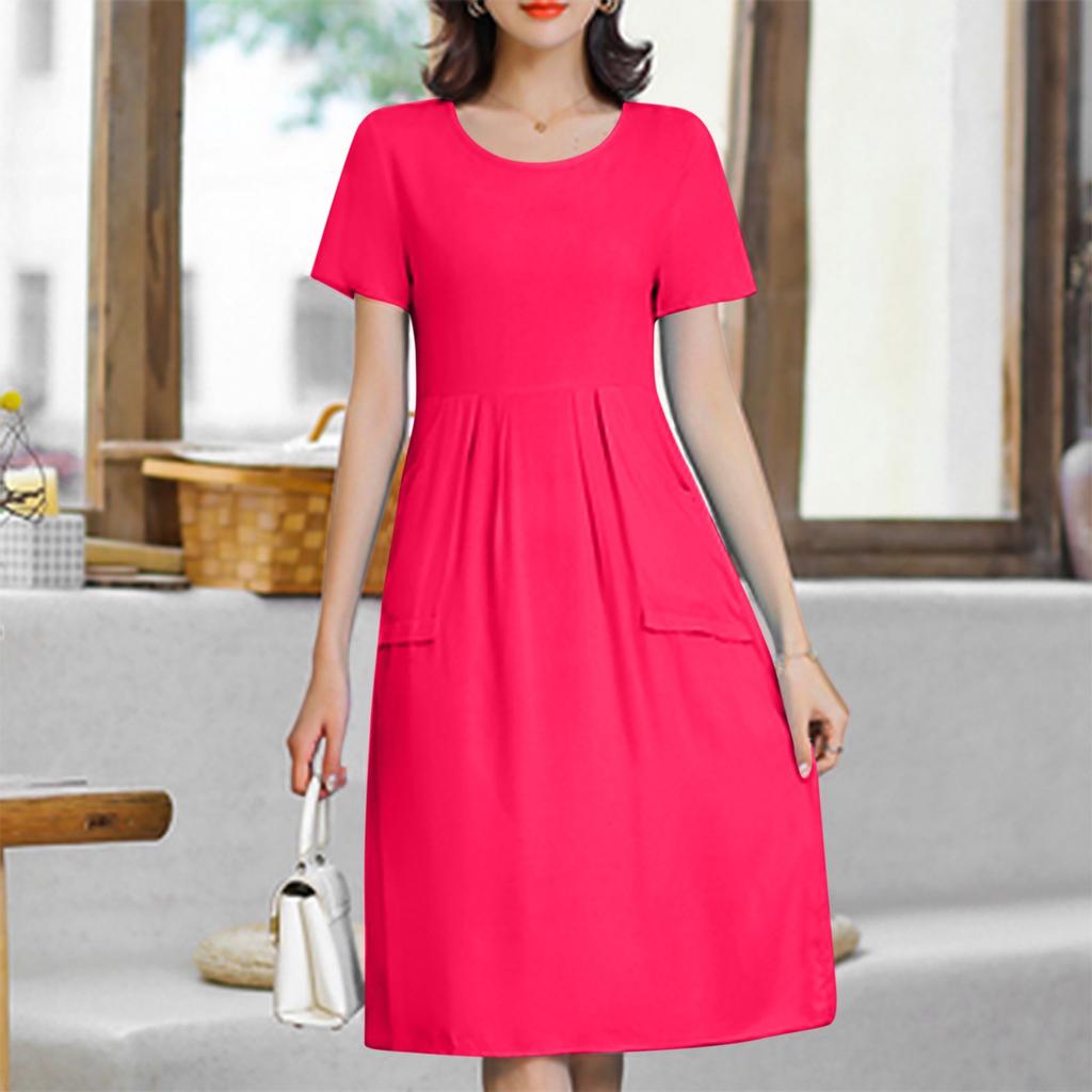 Women's Fashionable And Trendy Round Neck Loose Short Sleeved Solid Color Dress In Plus Size