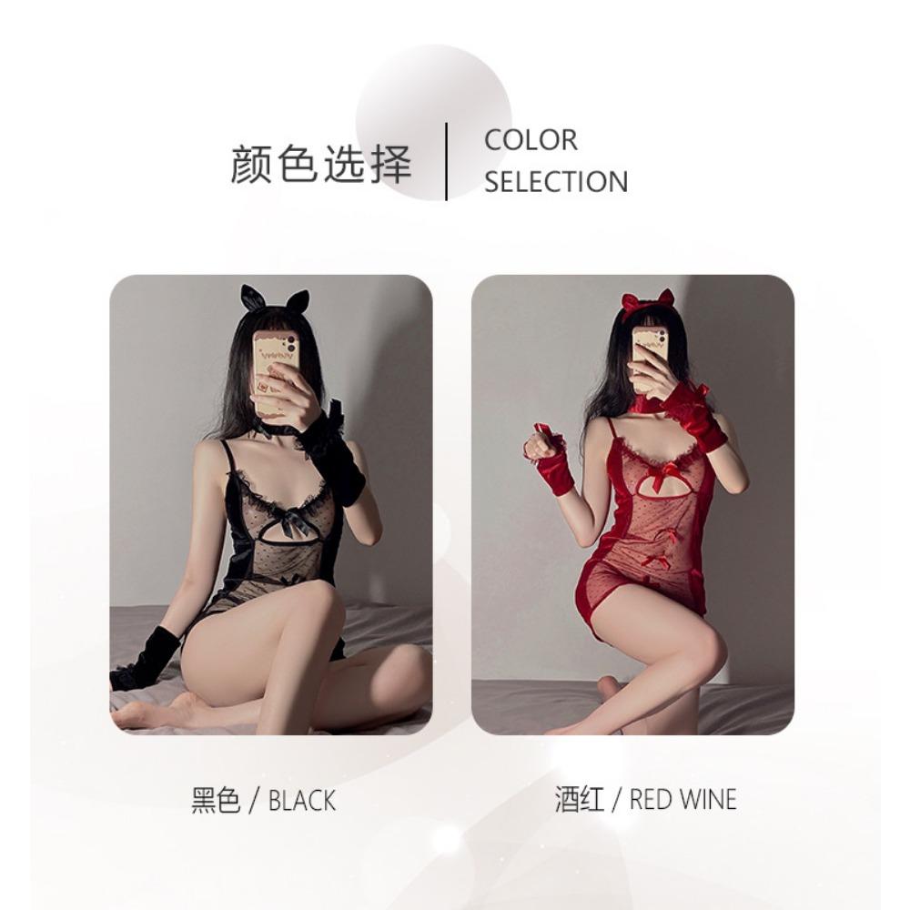 Sexy Lingerie Women's Velvet Perspective Suspender Sexy Mesh Maid Cosplay Pussy Suit Hip Leaking Temptation