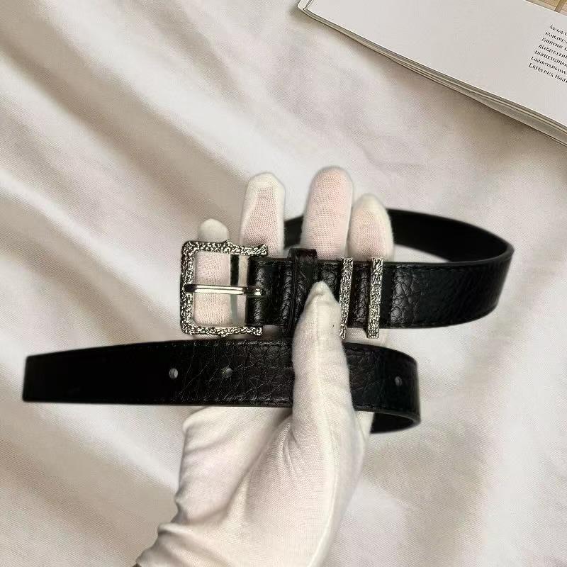 Women s Retro Silver Buckle Pleated Leather Belt 105cm