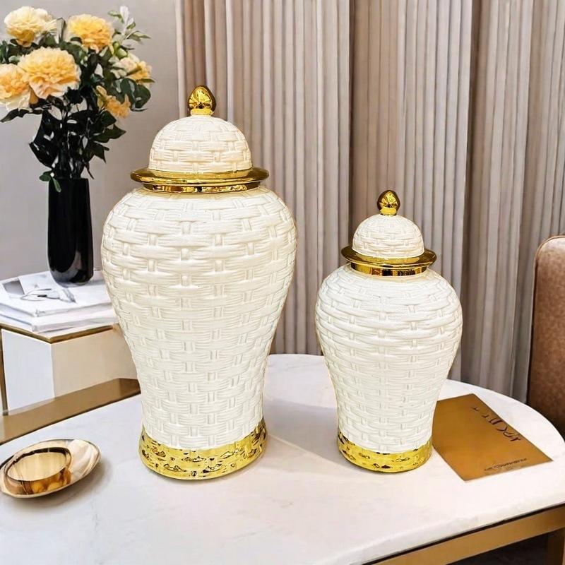 Ceramic Pot Ginger Jar Weave Pattern Ceramic Checkmate Jar Storage Tank Golden Flower Vase Home Decoration Accessories