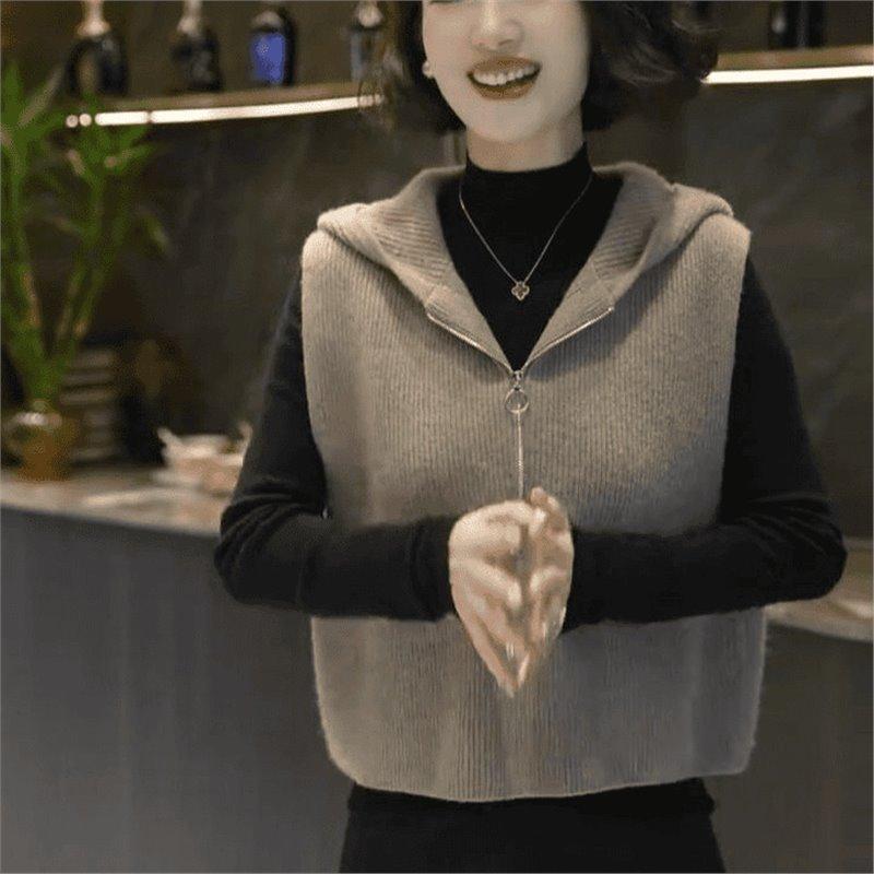 Women's Spring/Fall Hooded Knit Vest: Slimming, Comfortable, Solid-Color, Relaxed-Style, Half-Zip Top