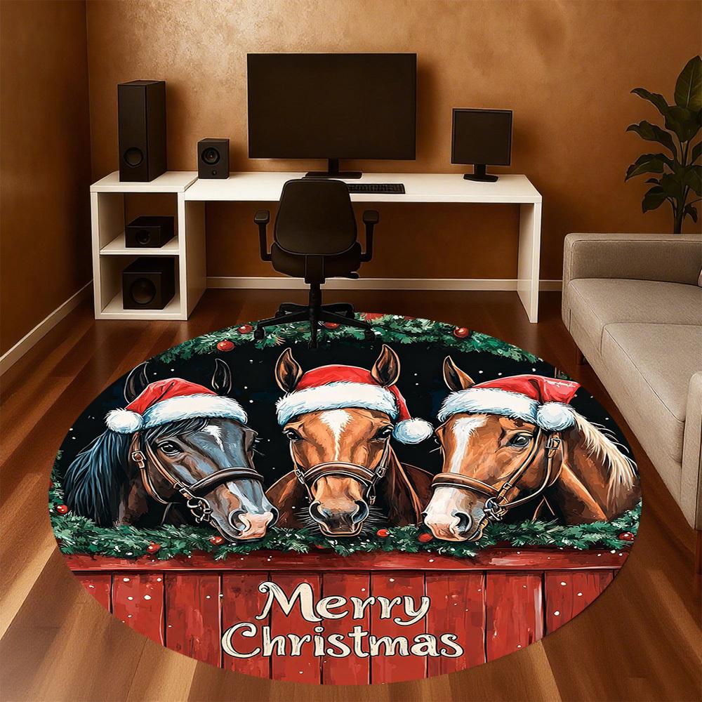 1PC Horses Merry Christmas Office Round Area Rug, Under Office Chairs Bedroom Living Room Home Decor, Carpet for Office -1110049