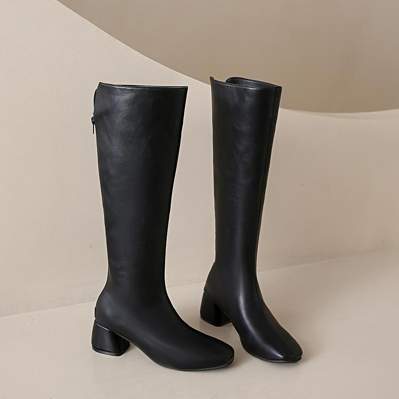 Street Style Fyrkantig Klack Kvinnor Knähöga Stövlar Höst Vinter Mjukt Läder Damer Smala Koncisa Långa Damstövlar