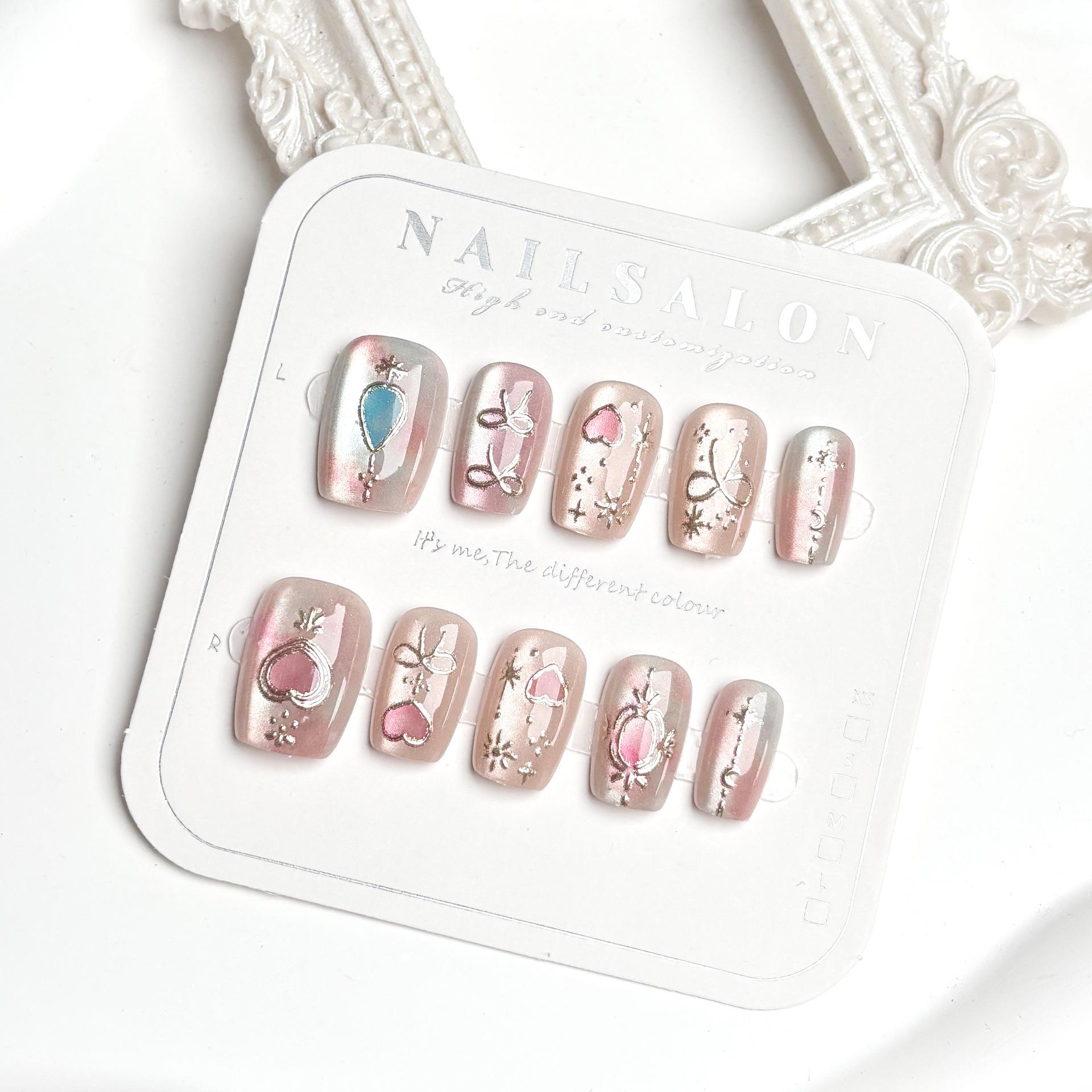 

Золотистые 3D Накладные ногти «Кошачий глаз»: Мечтательный, Девичий, Сладкий Готовый Набор Нейл-арта (10 кусочков)