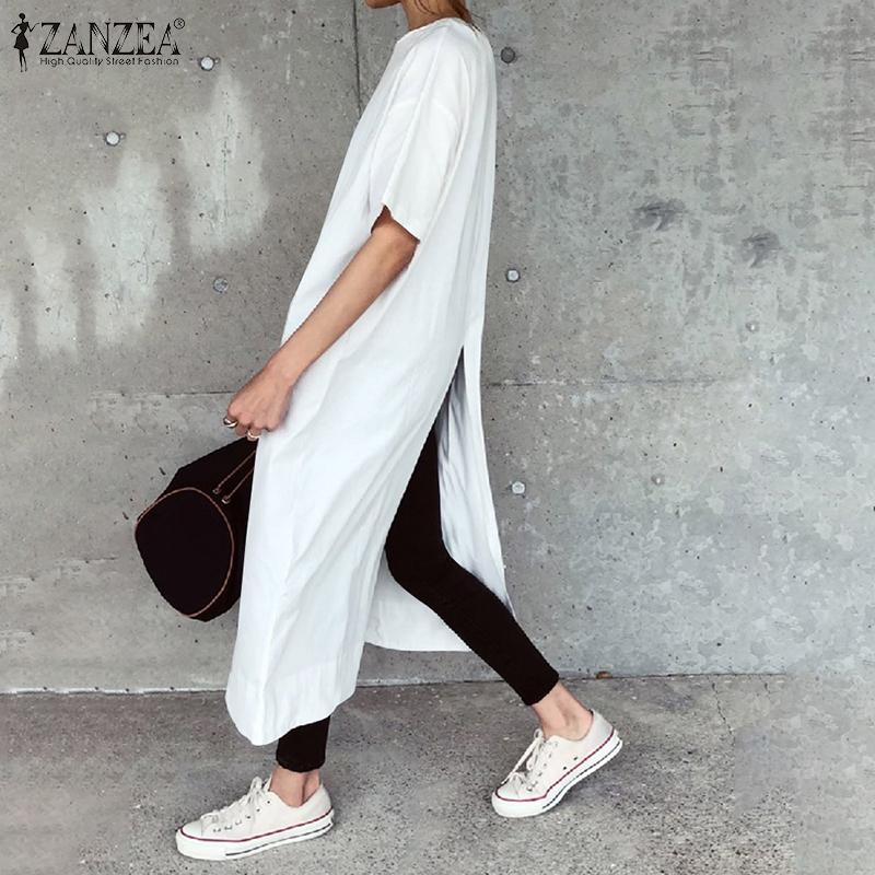 

ZANZEA Женская повседневная длинная блузка с круглым вырезом и коротким рукавом, летняя длинная блузка с разрезом сзади