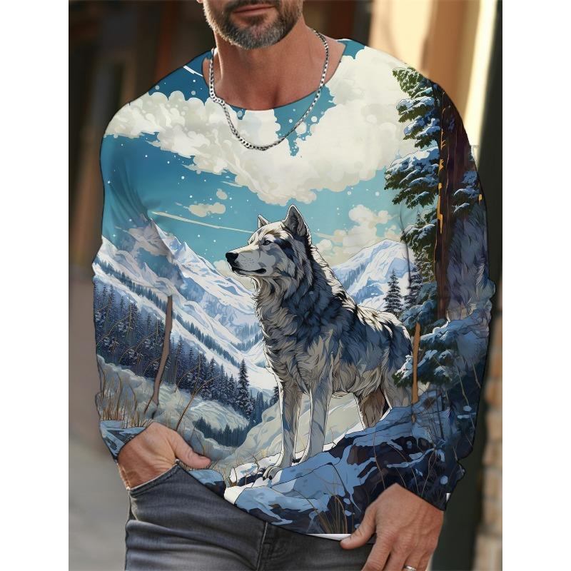 Men's Ukiyoe Long-sleeved T-shirt 3d Printed High-definition Wolf Print Men's Autumn Top Casual Round Neck T-shirt